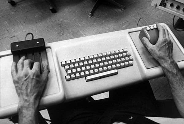 1968: Douglas Engelbart demonstrates the first mouse and the chord keyset